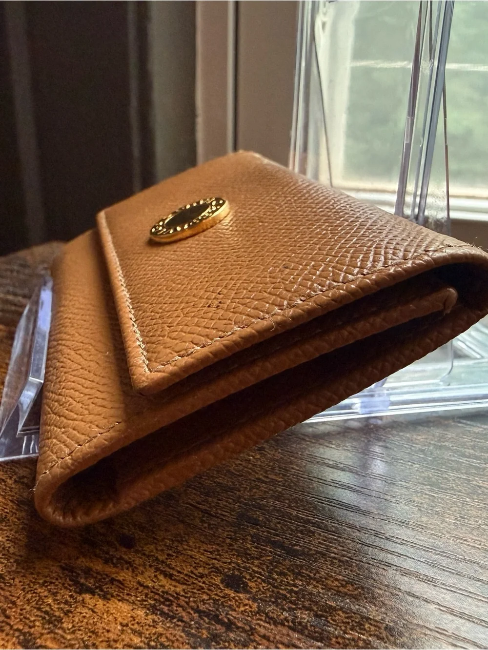 Bvlgari Tan Pebbled Leather Wallet with Gold Logo Medallion